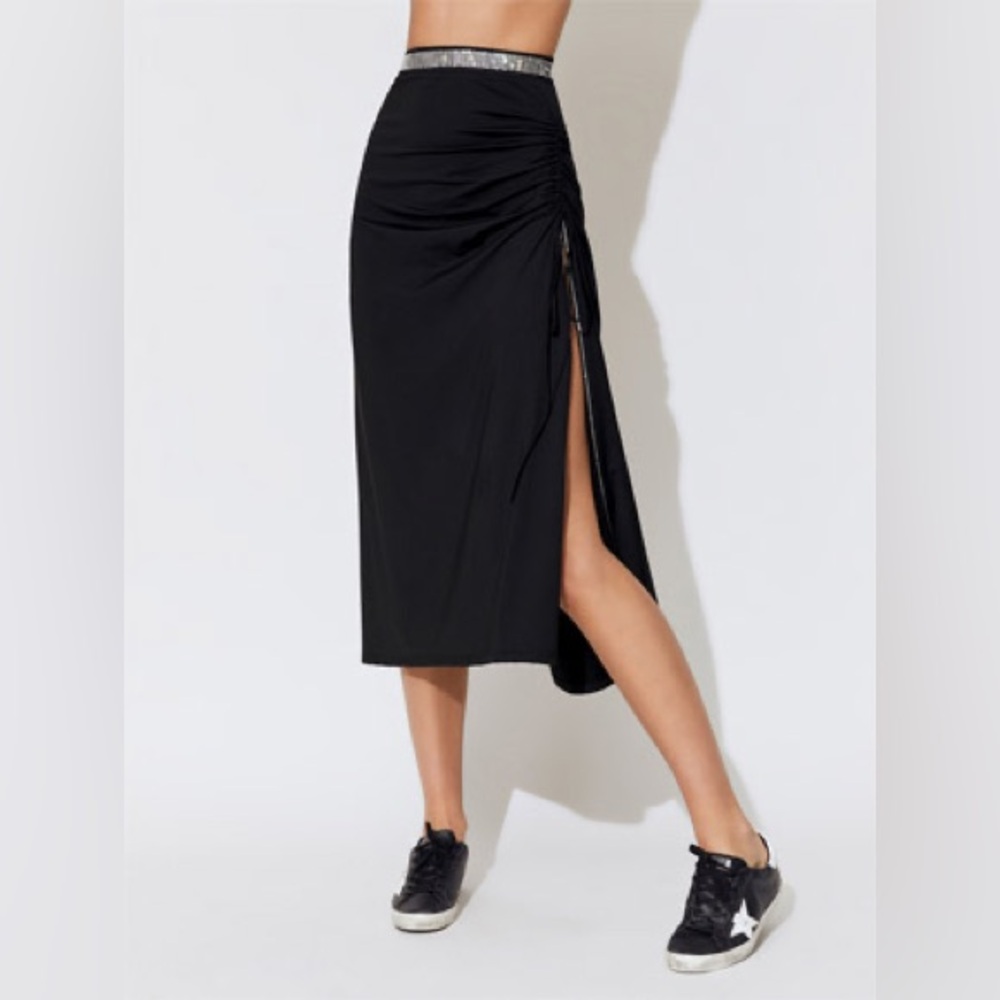 NWT Adam Selman For Carbon 38 Crystalized Ruched Slit Black Midi Skirt‎ Size S